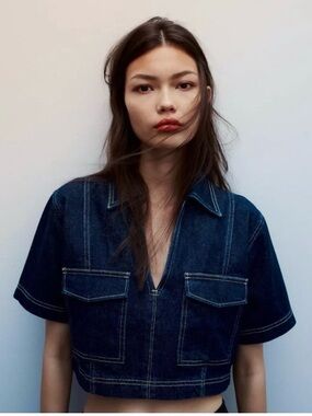 Zara | Dark Blue Cropped Denim Top | Size S